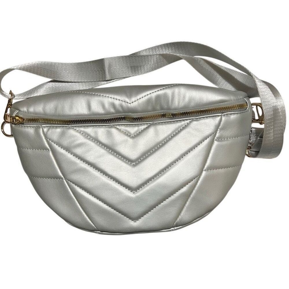 New XL Quilted Chevron Waist bag FannyPack Metallic Silver unisex vegan leather